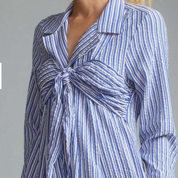 Porridge Tie-Front Shirt Dress Size Small Maxi Blue Stripped Button Front Pocket - Picture 3 of 17